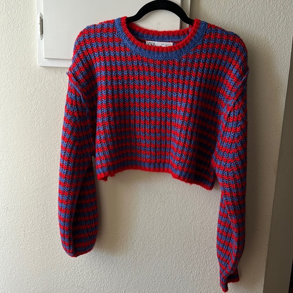 Zara Red and Blue Checkered Crew Neck Sweater
